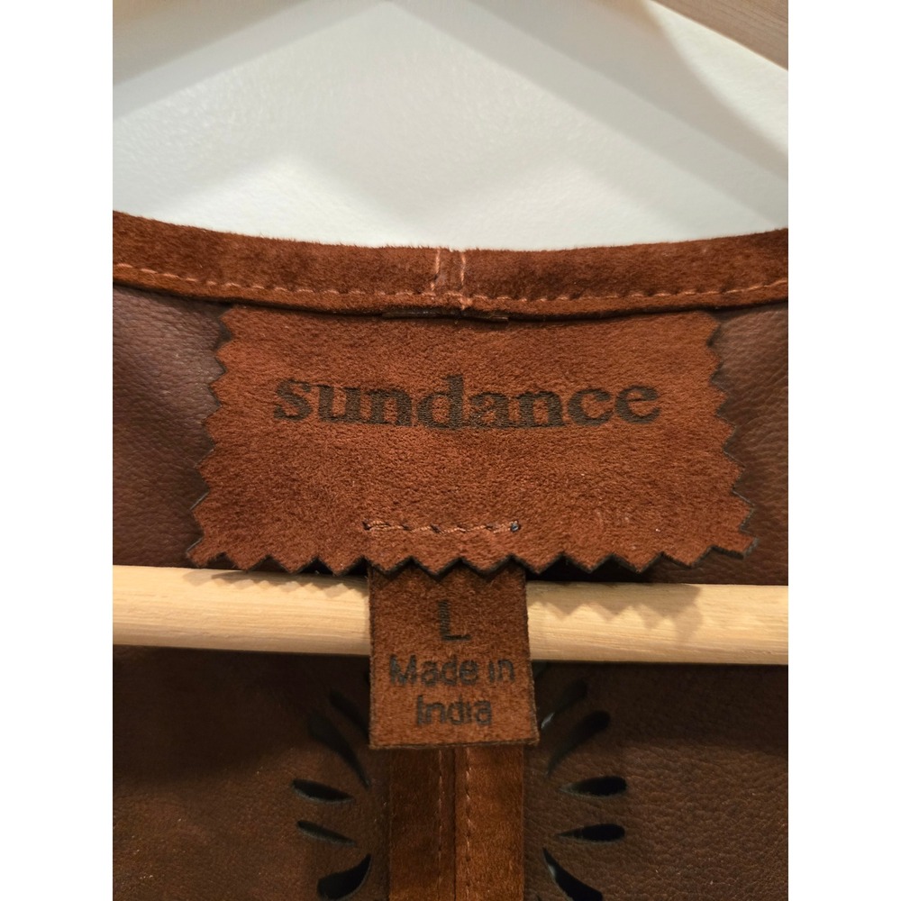 Sundance Brown Leather Suede Boho Fringe Duster Vest Laser Cut Floral Large - Picture 7 of 12